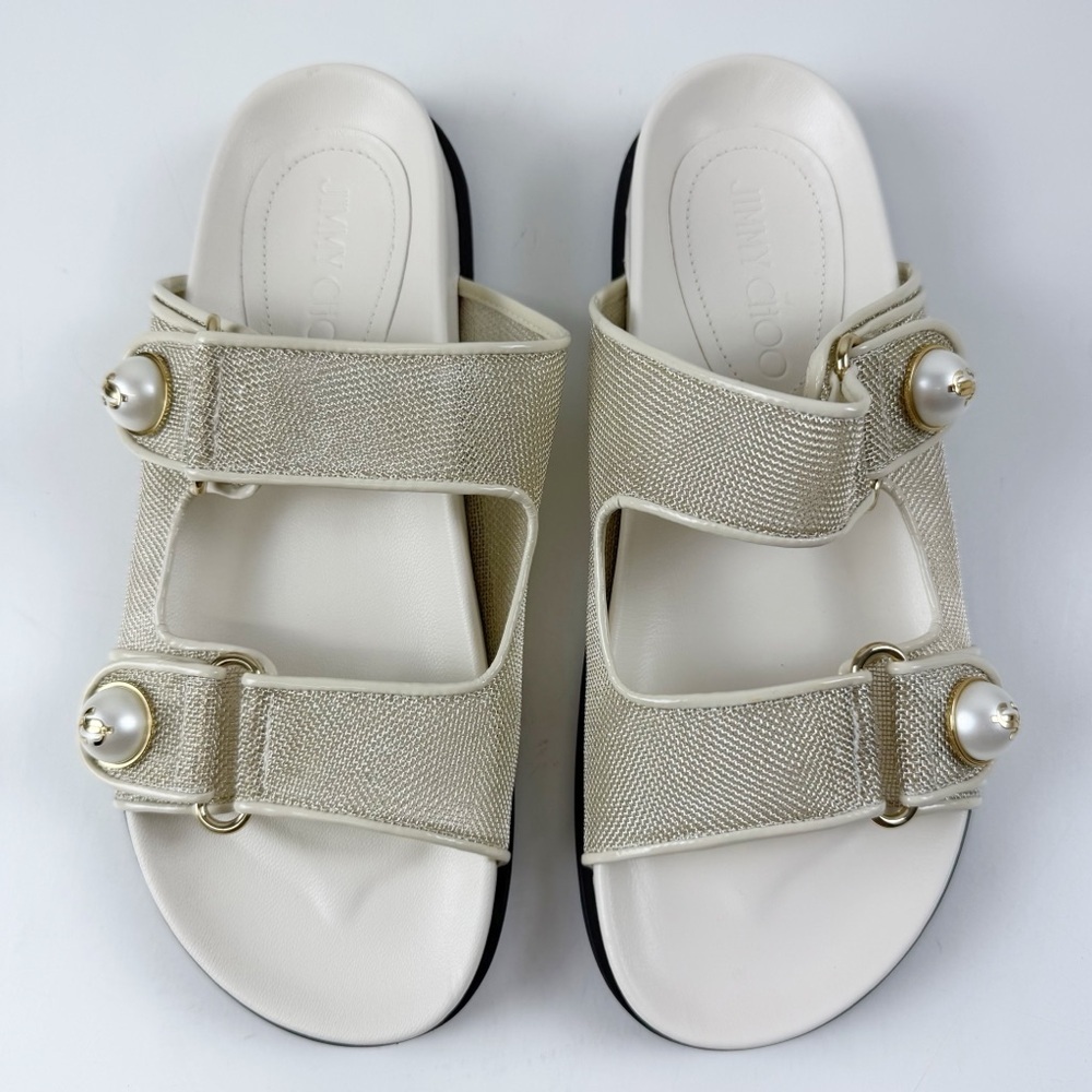 Jimmy Choo Fayence Sandals Metallic Mesh Patent EU 36.5 US 6.5 Champagne NEW